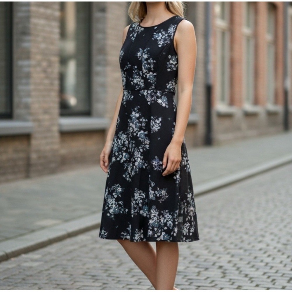 Ann Taylor Black Floral Midi Dress Women's Sz 10 Sleeveless Zip Up Round Neck - Picture 2 of 8